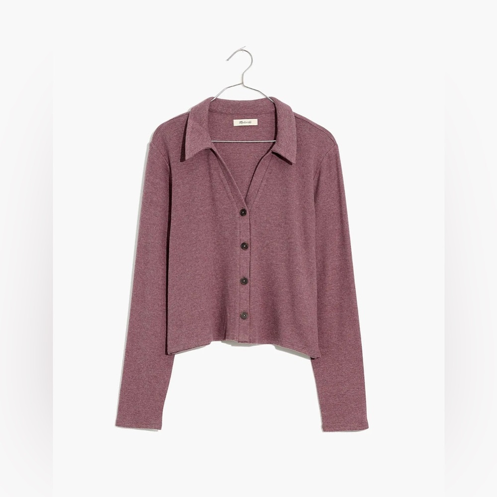 Madewell | Brushed Rib Polo Crop Cardigan in Muted Plum